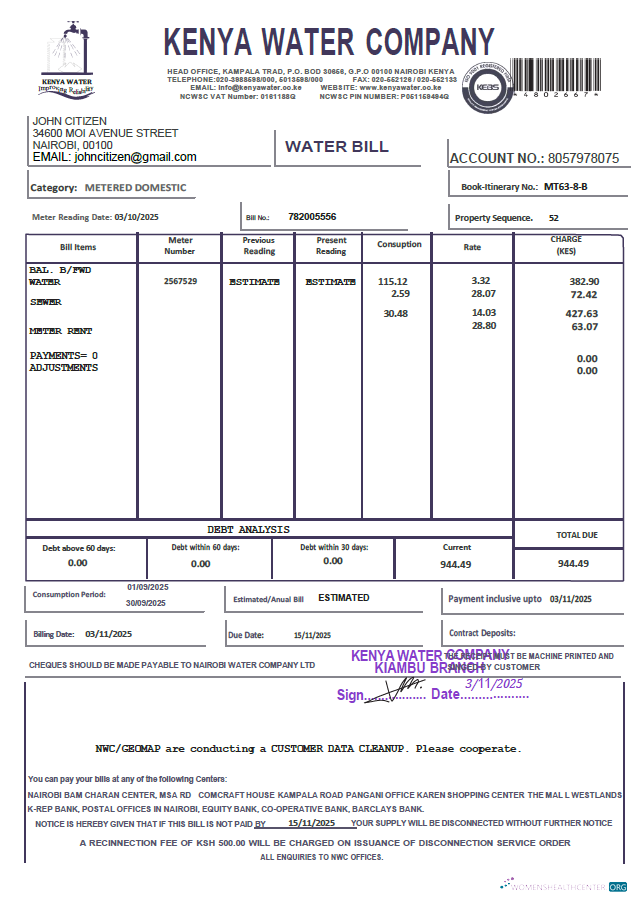 download download Kenya Kenya Water Company utility bill template in Word and PDF formats PDF template PDF template